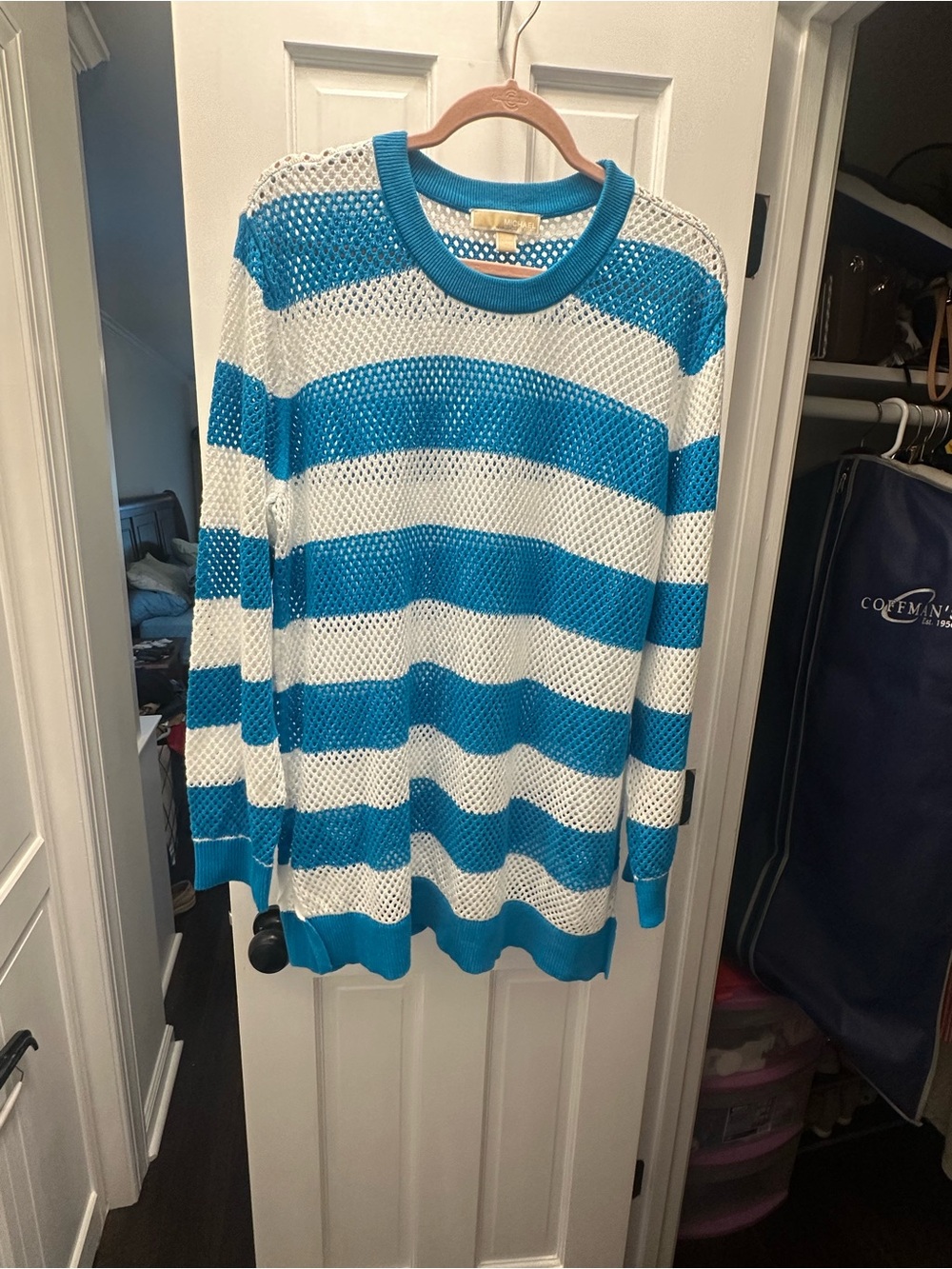 MICHAEL Michael Kors Blue and White Striped Open-Knit Sweater